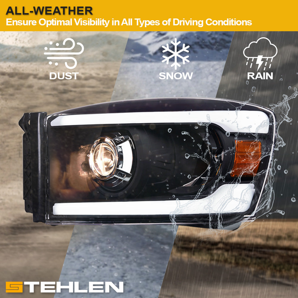 06-08 Dodge Ram Black Projector Headlights w/ LED Light Bar - Amber