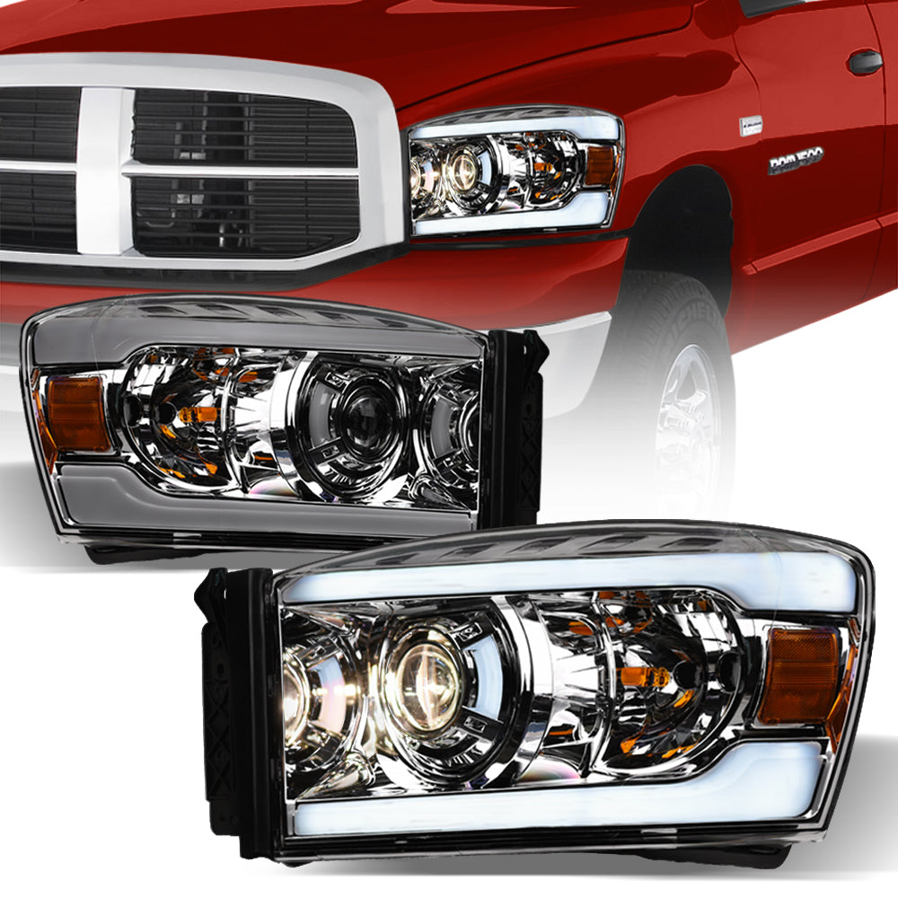06-08 Dodge Ram Chrome Projector Headlights w/ LED Light Bar
