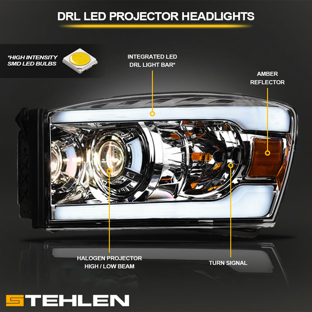 06-08 Dodge Ram Chrome Projector Headlights w/ LED Light Bar