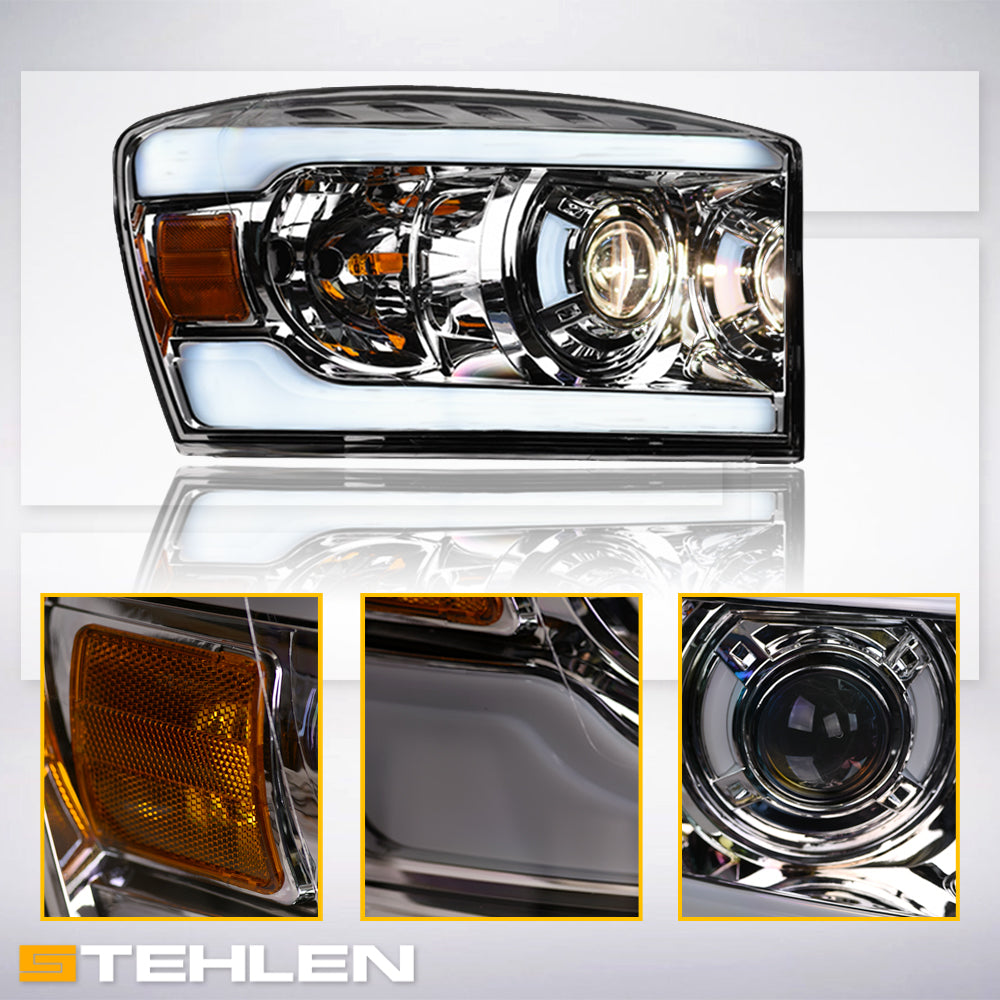 06-08 Dodge Ram Chrome Projector Headlights w/ LED Light Bar