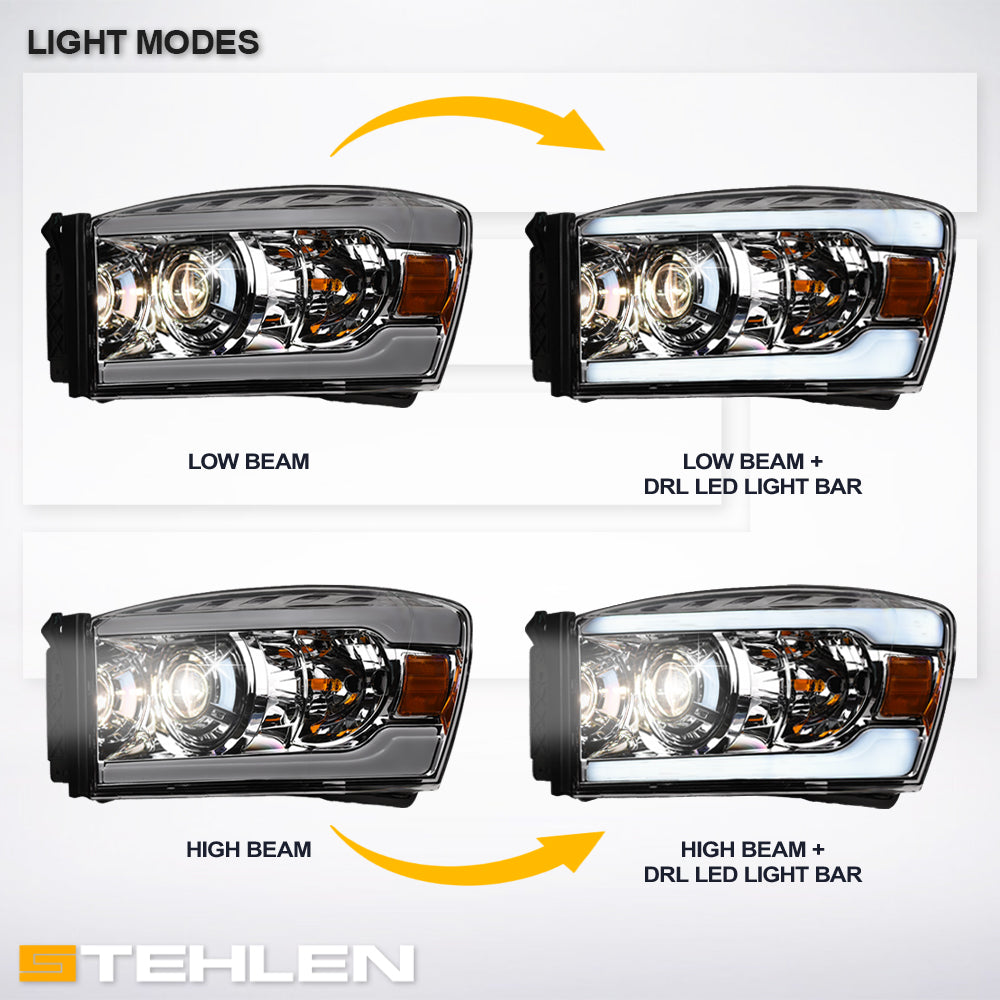 06-08 Dodge Ram Chrome Projector Headlights w/ LED Light Bar