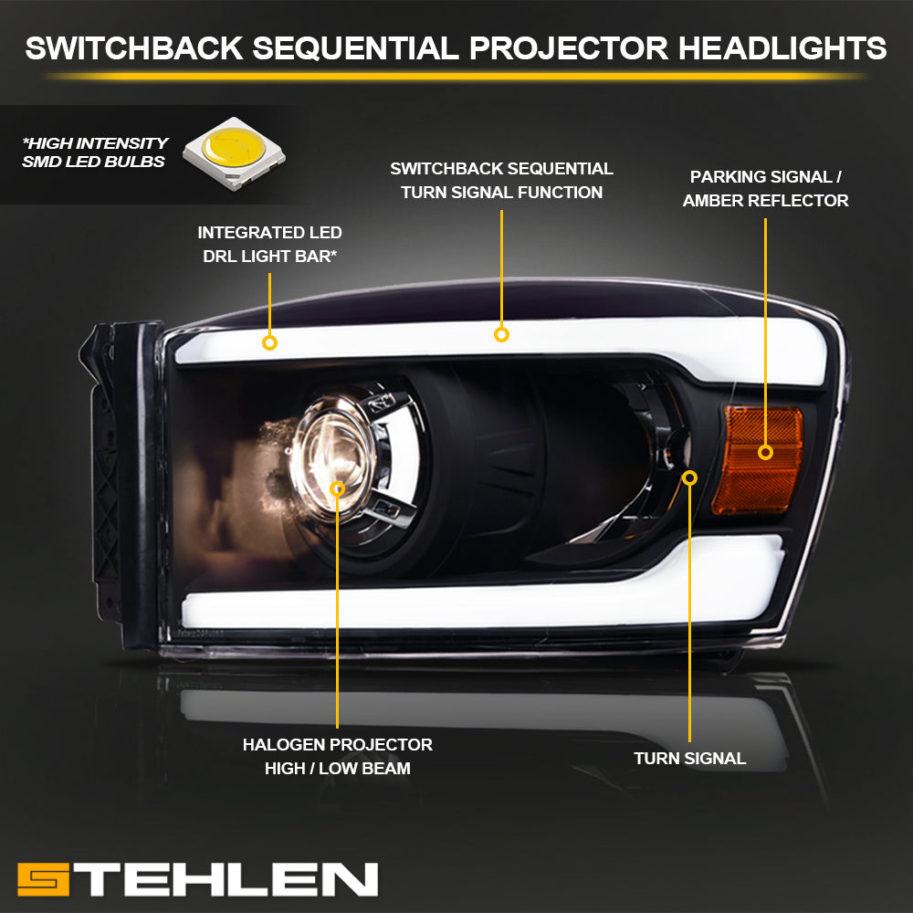 06-08 Dodge Ram Sequential LED Projector Headlights - Black
