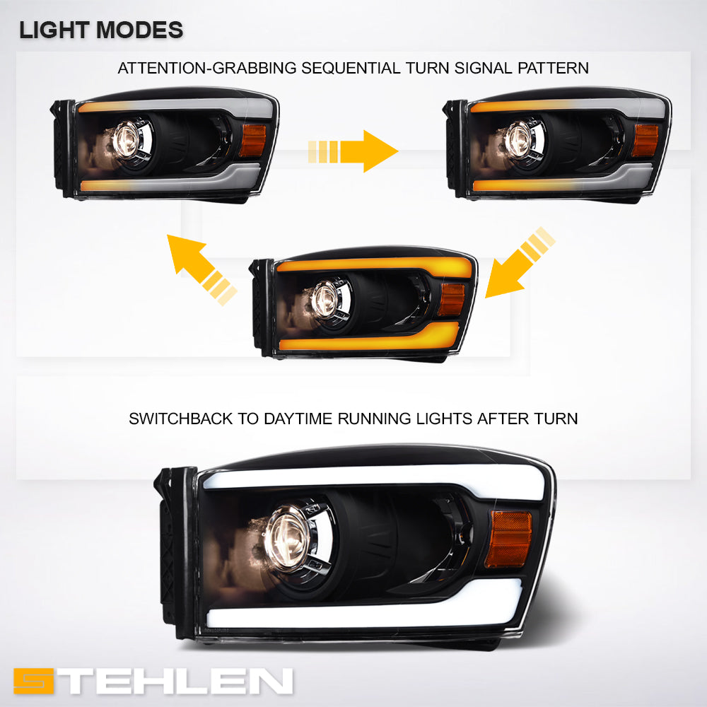 06-08 Dodge Ram Sequential LED Projector Headlights - Black