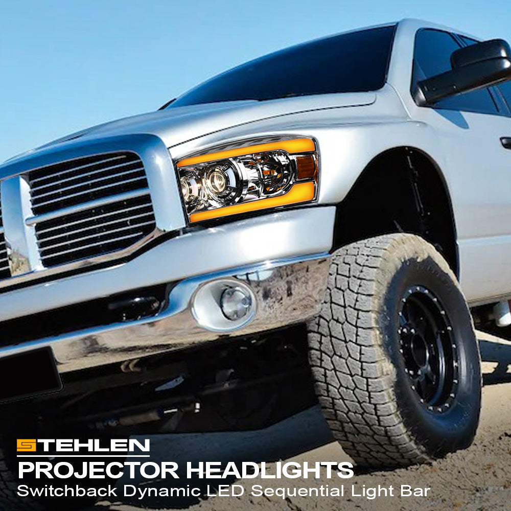 06-08 Dodge Ram Sequential LED Projector Headlights Chrome - DGPU06DS