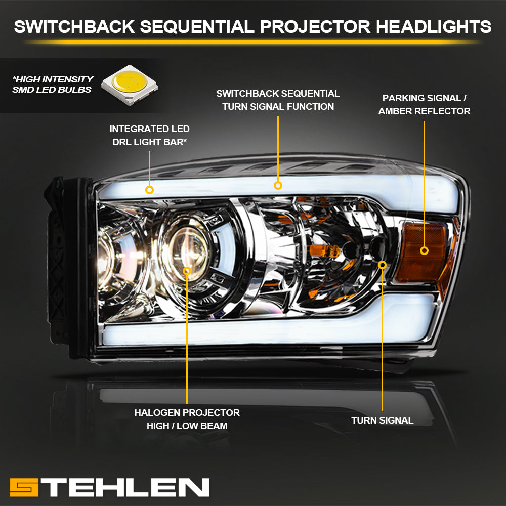 06-08 Dodge Ram Sequential LED Projector Headlights Chrome - DGPU06DS