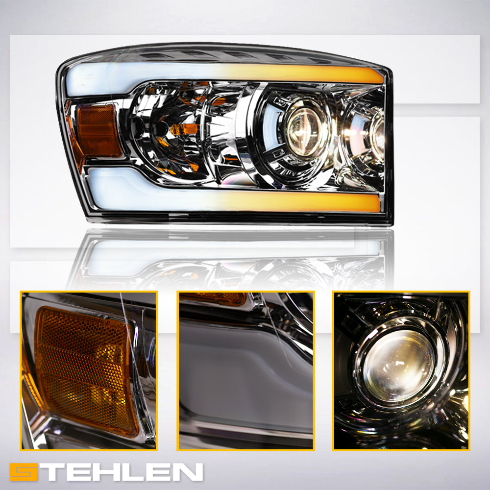 06-08 Dodge Ram Sequential LED Projector Headlights Chrome - DGPU06DS