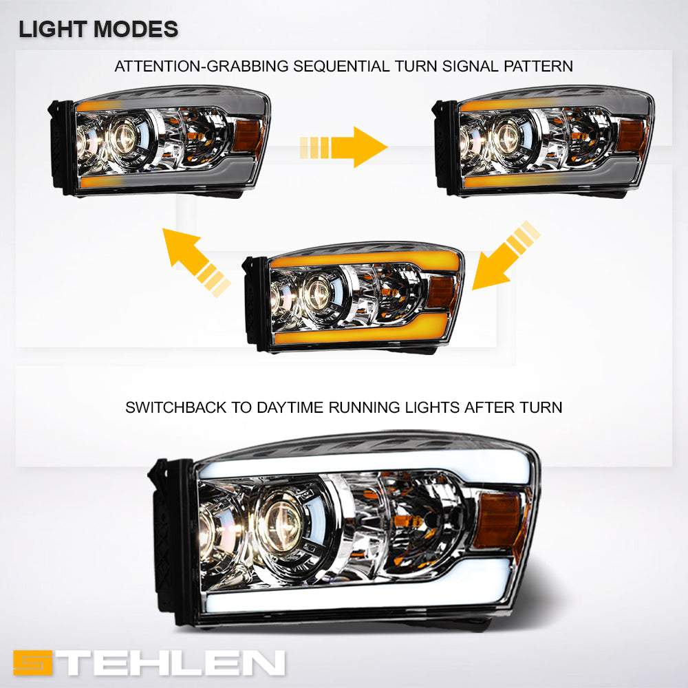 06-08 Dodge Ram Sequential LED Projector Headlights Chrome - DGPU06DS