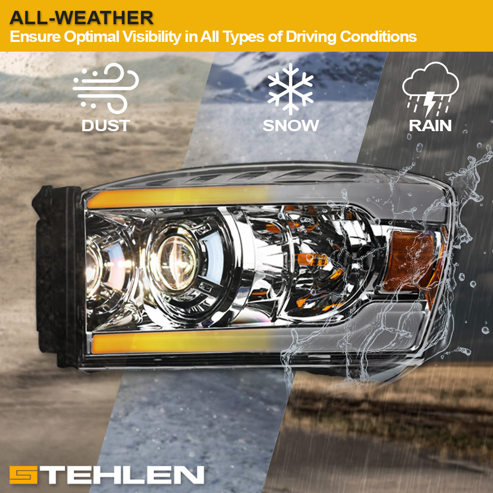 06-08 Dodge Ram Sequential LED Projector Headlights Chrome - DGPU06DS