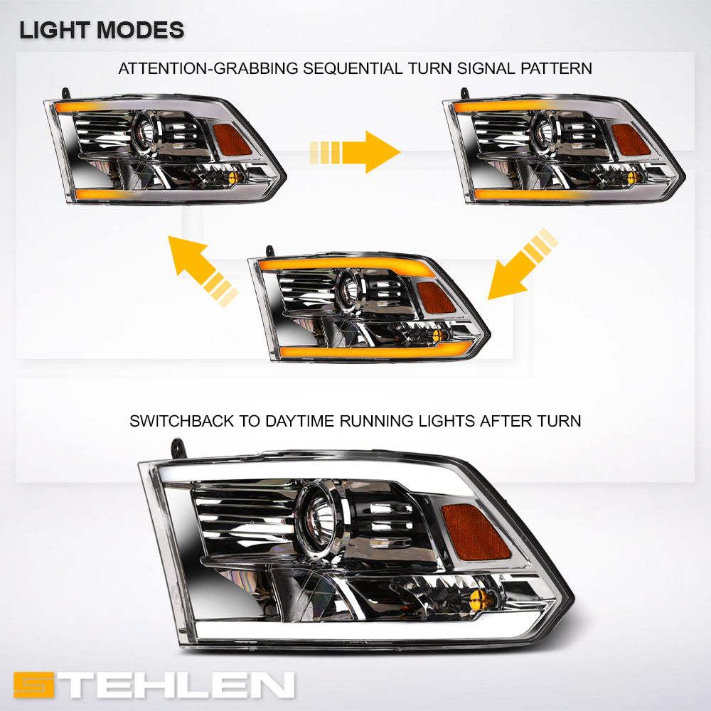 2009-2024 Dodge Ram 1500 2500 3500 Projector Headlights Sequential LED - Chrome