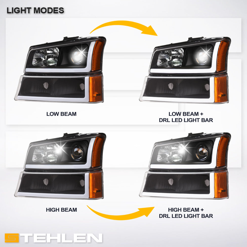 2002-2007 Chevrolet Silverado Avalanche Projector Headlights LED Black