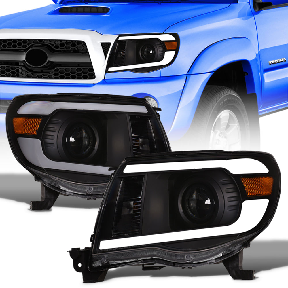 05-11 Toyota Tacoma Black Projector Headlights w/ LED Light Bar
