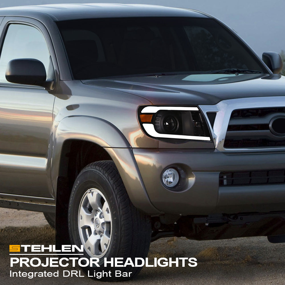 05-11 Toyota Tacoma Black Projector Headlights w/ LED Light Bar