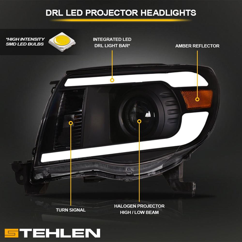 05-11 Toyota Tacoma Black Projector Headlights w/ LED Light Bar