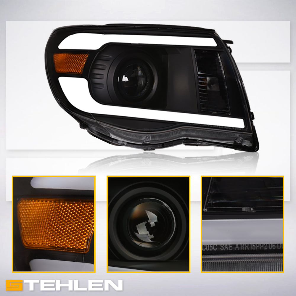 05-11 Toyota Tacoma Black Projector Headlights w/ LED Light Bar