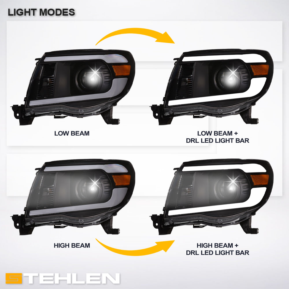 05-11 Toyota Tacoma Black Projector Headlights w/ LED Light Bar