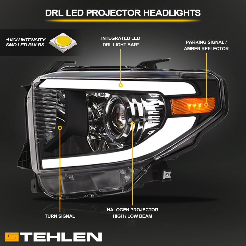 14-21 Toyota Tundra Projector Headlights LED Halo & Light Bar - Black