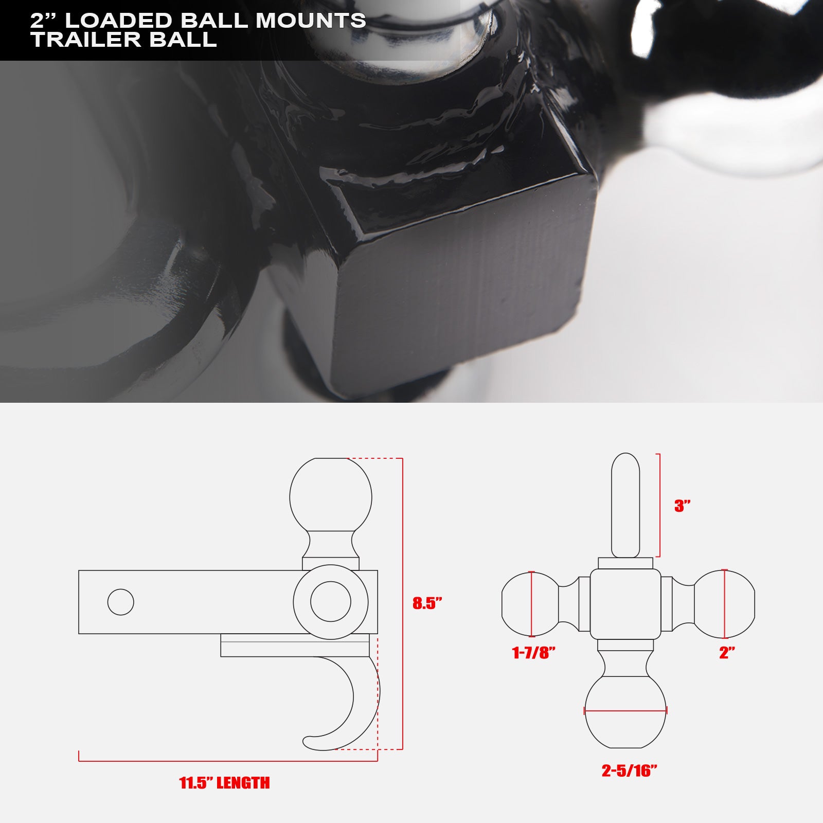 3-Ball Trailer Hitch Mount 2" Receiver 1-7/8" 2" 2-5/16"